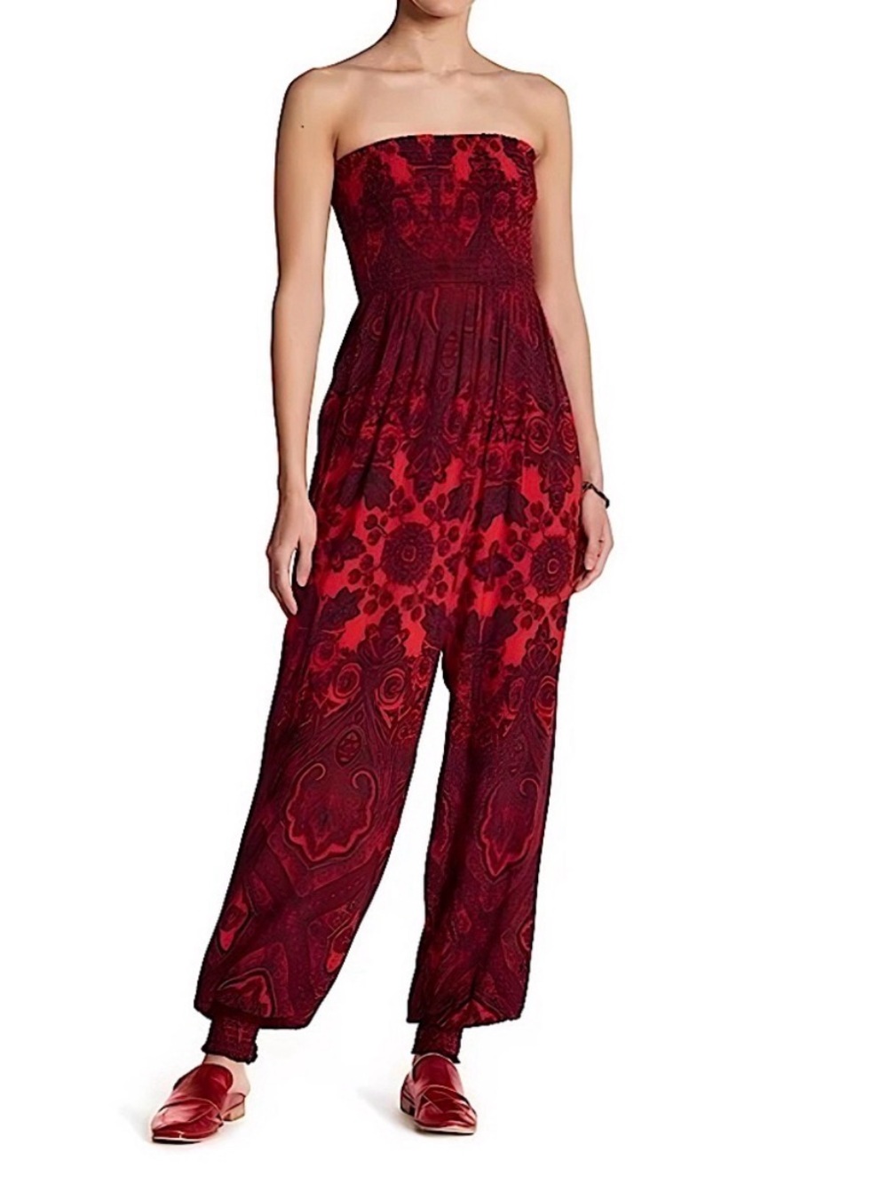 Free People Strapless Paisley Jumpsuit in Black and Red